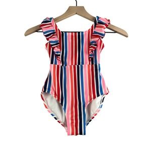 Striped Ruffle Girls Swimsuit One Piece Red White Blue Pink Cute Swimwear